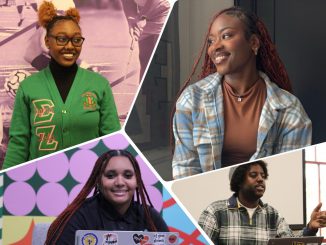 A rectangular image composed of four photographs cropped into geometric shapes. Each photo shows a different young adult. From left to right: A young woman in a green Alpha Kappa Alpha sweater looking to the right, a young woman in a blue flannel looking to the left, a young woman sitting in front of a sticker adorned laptop looking into the camera and a young man sitting in front of a sticker adorned laptop looking out and pointing to the right.