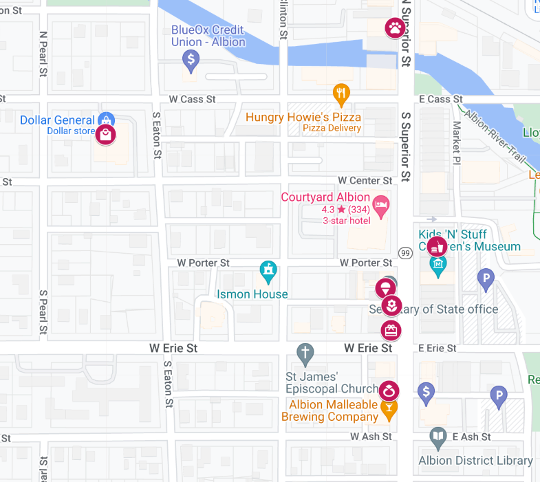 A digital map of downtown Albion spattered with little pink circle shaped icons with objects such as a flower, a ring and a gift bag in the center of each icon. Icons are placed on top of various building indicators on the map.