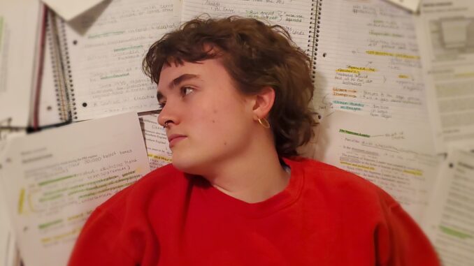 A young woman shown from the shoulders up with short brown hair and a red sweater lays on top of a surface covered with papers and notebooks with a thoughtful expression. The papers are littered with hand-written notes and highlighter marks.