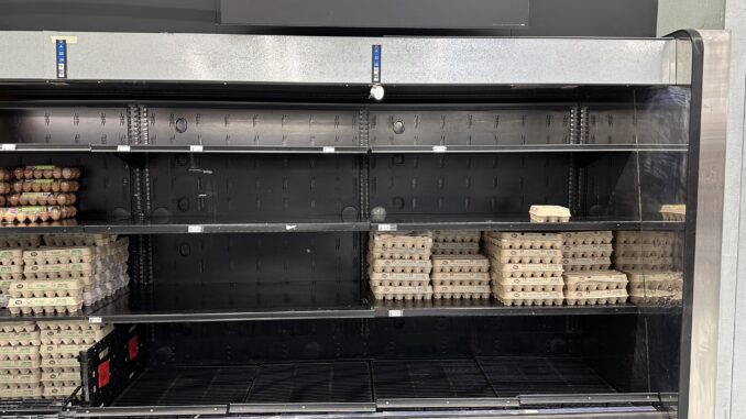 Three rows of refrigerated shelving on the wall of a grocery store, with a sign above it reading “Eggs.” Several egg cartons sit on the shelves, but the majority of the space is empty.