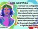 Text reads, “Guevara was an Argentinian-Cuban revolutionary and guerilla leader who believed in the liberation of Latin America. He was a prominent figure in the Cuban revolution, and traveled to assist other countries including the Democratic Republic of Congo to fight for their freedom.” On the left side there is an illustration of Che Guevara using an assortment of colors with large paint streaks and paint splatters behind him. On the right side there is an illustration of two flags. The top right flag is the Argentinean flag and the bottom right flag is the Cuban flag.