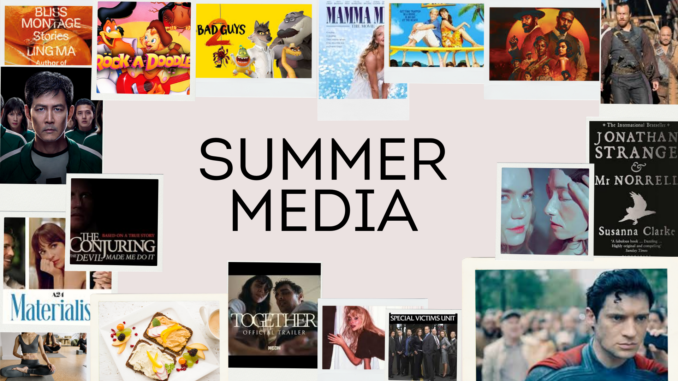 Photos of various media displayed on a light pink background. In the middle of the image is written, “SUMMER MEDIA”.