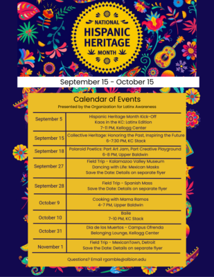 A digital poster with a dark blue background with colorful designs and a yellow box in the middle. The yellow box is a list of dates and titles of events. A yellow circle above the box reads “National Hispanic Heritage Month.”
