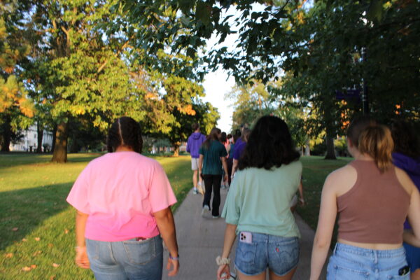 A group of people walking on a tree-lined path on a campus quad.