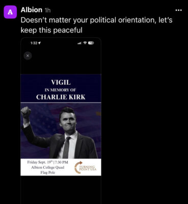 A digital flyer featuring a young white man wearing a suit and tie. Above him is a headline reading “VIGIL IN MEMORY OF CHARLIE KIRK” and below is a time, date and location. On the bottom right of the flyer is a logo titled, “TURNING POINT USA.”