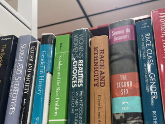 A close-up of the spines of several books of various colors standing up in a row.