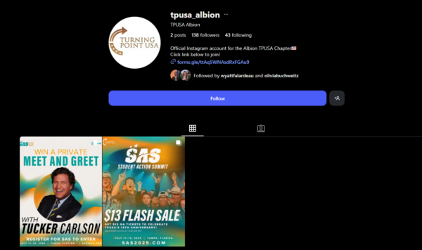An Instagram page with the handle tpusa_albion. In the bio is text reading, “Official Instagram account for the Albion TPUSA Chapter”. After the text is an American flag emoji.