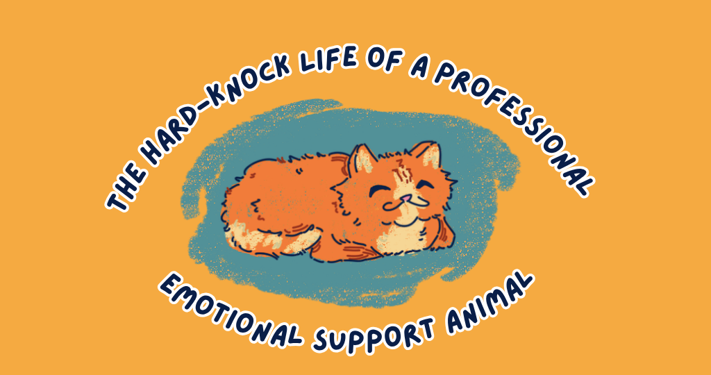 An illustration of an orange cat with white spots curled up at the center of the page with a small blue circle surrounding it against a yellow background. Text surrounding the cat reads “The Hard-Knock Life of a Professional Emotional Support Animal.”