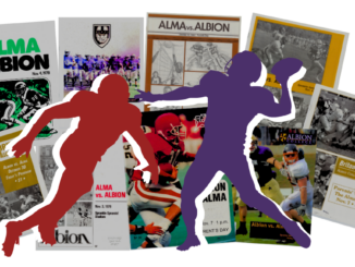 The respective purple and red silhouettes of two American football players, one running towards the other while the other poses to throw the ball, stands against a collage background of several magazine covers. The covers show a variety of designs and colors, but all feature the names of the two competing teams, Alma and Albion.
