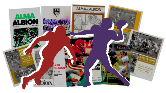 Alma v. Albion Feature The respective purple and red silhouettes of two American football players, one running towards the other while the other poses to throw the ball, stands against a collage background of several magazine covers. The covers show a variety of designs and colors, but all feature the names of the two competing teams, Alma and Albion.