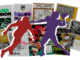 The respective purple and red silhouettes of two American football players, one running towards the other while the other poses to throw the ball, stands against a collage background of several magazine covers. The covers show a variety of designs and colors, but all feature the names of the two competing teams, Alma and Albion.