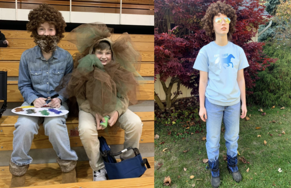 A girl dressed as Bob Ross is in a jean jacket, jeans, a curly brown wig and beard holds a paint canvas. To her left is a boy in a fart costume, wearing khakis and brown and green tulle glued to a sweatshirt. In a second photograph a girl is dressed as Napoleon Dynamite wearing a curly brown wig, a blue shirt with a horse on it reading “Endurance” and jeans with snow boots.