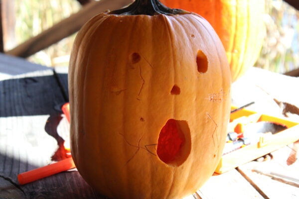 A carved pumpkin with a surprised face sits on a wooden table, surrounded by carving tools. Sunlight casts shadows over the pumpkin.
