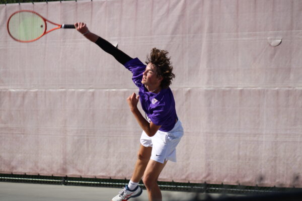 A tennis player in a purple shirt and white shorts serves on a court. His body is in motion, expressing determination and focus. A gray tapestry in the background.