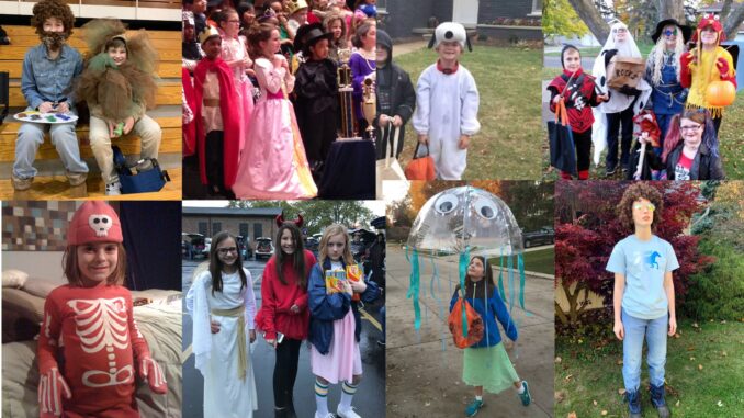Photographs of people dressed in various costumes, including a pink skeleton, a jellyfish, Napoleon Dynamite, a hermit crab, Bob Ross and more.