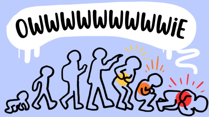 FEATURE The black outlines of a baby, then a child, then a teen and finally an adult walk in succession, before the adult sinks to the ground in stages, clutching their tummy. Above them is a dripping speech bubble where the last figure says “Owwwwwwwwwwie.”