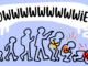 The black outlines of a baby, then a child, then a teen and finally an adult walk in succession, before the adult sinks to the ground in stages, clutching their tummy. Above them is a dripping speech bubble where the last figure says “Owwwwwwwwwwie.”