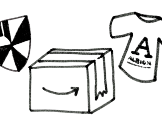 The rough, marker-textured drawings of the Albion shield, a cardboard package, and an Albion T-Shirt stand in black against a white background.