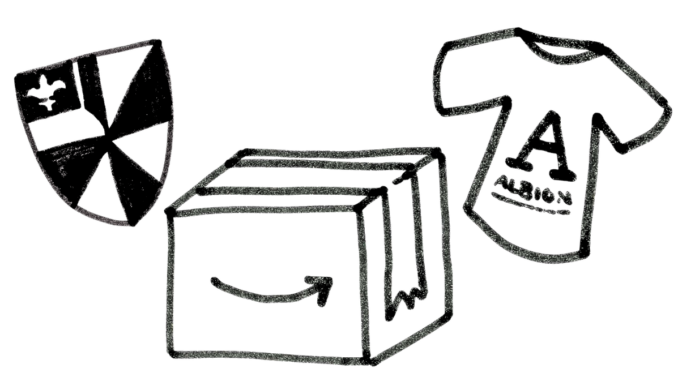CrosswordFeature The rough, marker-textured drawings of the Albion shield, a cardboard package, and an Albion T-Shirt stand in black against a white background.