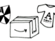 The rough, marker-textured drawings of the Albion shield, a cardboard package, and an Albion T-Shirt stand in black against a white background.