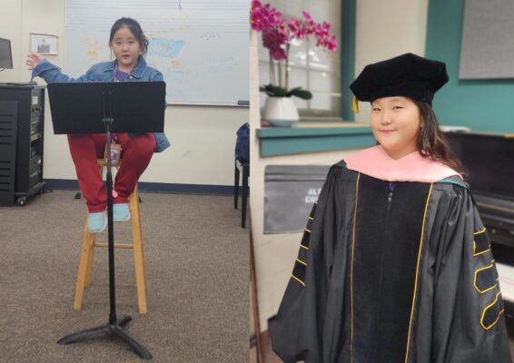 A young girl is displayed in two photos. In the left photo, she is wearing a jean jacket, along with red pants and light blue tennis shoes. The girl is sitting on a stool and directing from a music stand. The right photo displays the girl in PhD robes and a doctoral tam. The girl is sitting and facing the camera.