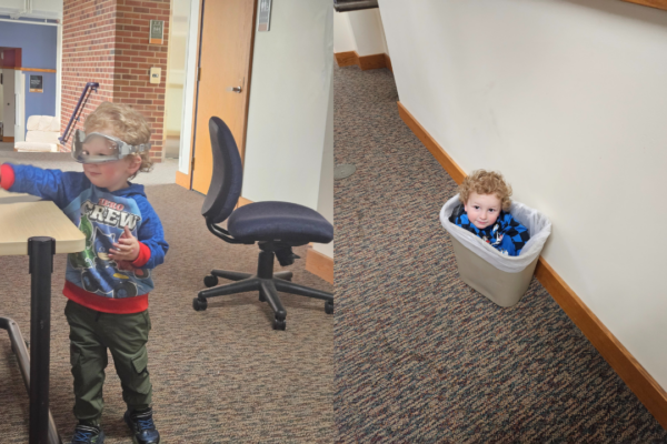 A young boy is displayed in two photos. In the left photo, he is wearing a dark blue and red sweatshirt, along with green cargo pants and blue tennis shoes. The boy is reaching over a table and wearing a pair of lab safety goggles upside down. The right photo displays the boy in a blue and black checkered sweater. The boy is kneeling in a small trashcan and staring up at the camera.