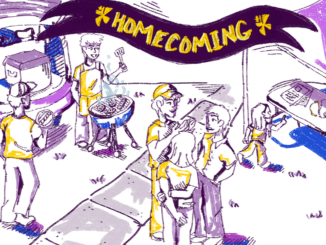 A sketchy digital illustration of several people outside doing different activities, including grilling hotdogs, talking as a group, and manning an outdoor tent with a table. Behind the person grilling is an open car trunk with a cooler, and above the scene is a purple and gold banner that reads “Homecoming.”