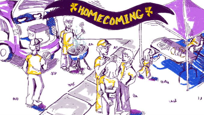 Homecoming Illustration A sketchy digital illustration of several people outside doing different activities, including grilling hotdogs, talking as a group, and manning an outdoor tent with a table. Behind the person grilling is an open car trunk with a cooler, and above the scene is a purple and gold banner that reads “Homecoming.”
