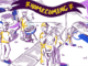 A sketchy digital illustration of several people outside doing different activities, including grilling hotdogs, talking as a group, and manning an outdoor tent with a table. Behind the person grilling is an open car trunk with a cooler, and above the scene is a purple and gold banner that reads “Homecoming.”