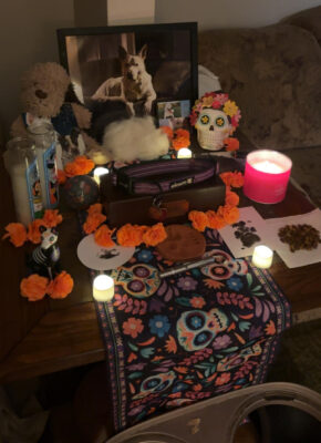 A dark hardwood surface with a table runner with a pattern of colorful patterns and stylized skulls. On top of the table is a framed picture of a white dog, a collar, lit candles and fake candles, dog toys, items with paw prints on them, and balls of orange paper. Behind the surface, a couch and wall are visible.