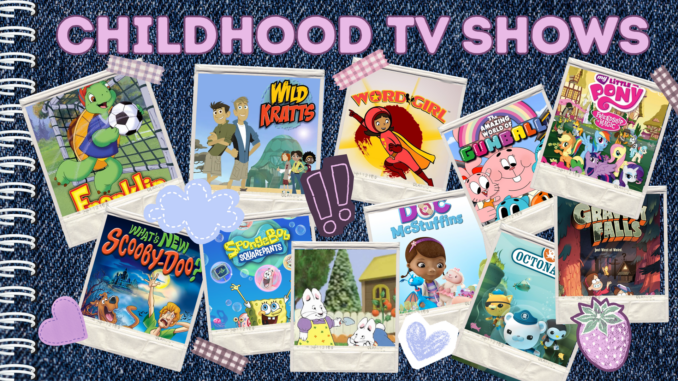 Photos of various media displayed on a dark blue journal background. On the top of the image is written, “CHILDHOOD TV SHOWS.”