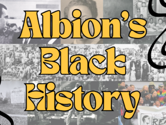 A collage of photos of varying quality and from a range of time periods. Over the collage is large graphic gold text reading “Albion’s Black History.” Illustrative black squiggles pass over two opposite corners.