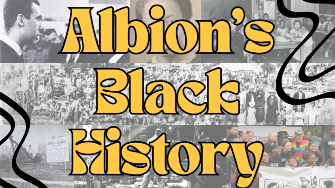 A collage of photos of varying quality and from a range of time periods. Over the collage is large graphic gold text reading “Albion’s Black History.” Illustrative black squiggles pass over two opposite corners.