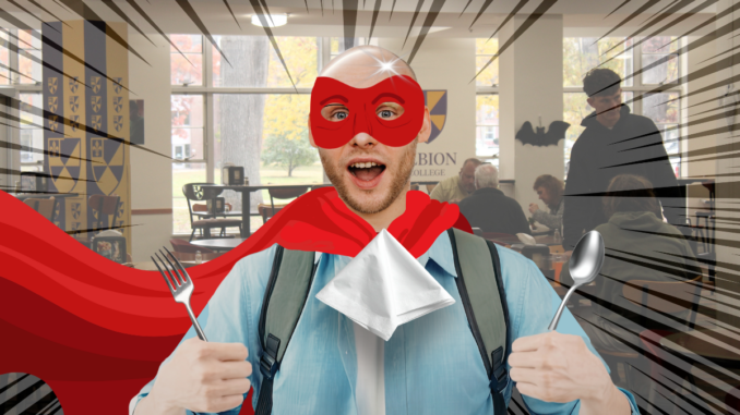 A young man in a red cape and eye mask holds up a fork and spoon, a napkin tucked into his collar. Behind him is a large, open restaurant space with dark zoom lines around the figure in the middle.