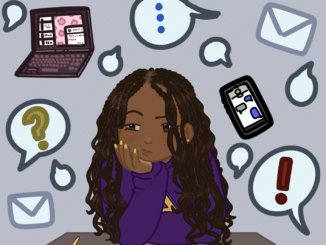 A digital drawing of a young woman in a purple sweater leaning on a desk, her head resting on her right hand, as she stares to the left side of the image. The background features several ways of communicating: multiple speech bubbles, envelopes, an open laptop and an iPhone.