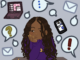 A digital drawing of a young woman in a purple sweater leaning on a desk, her head resting on her right hand, as she stares to the left side of the image. The background features several ways of communicating: multiple speech bubbles, envelopes, an open laptop and an iPhone.