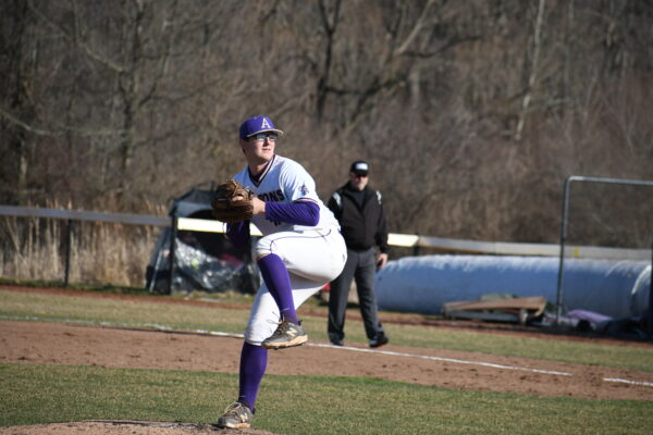 A baseball pitcher in a purple and white uniform winds up to throw on a grassy field. An umpire stands in the background. Sparse trees surround the scene.