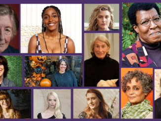 A collage of various women is displayed against a royal purple background.