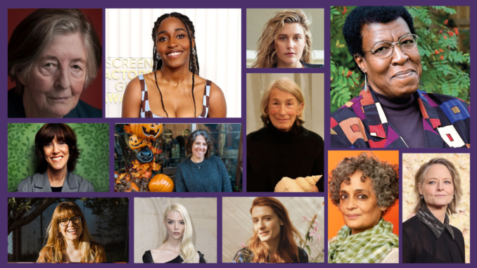 A collage of various women is displayed against a royal purple background.