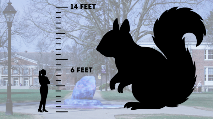 The silhouette of a woman and a giant squirrel stand against a low-opacity photo of a college campus, a large painted rock visible between them. A scale bar shows the height of each figure; the person is six feet tall, and the squirrel is 14 feet tall.