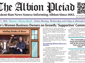 The first half of a front page of a newspaper, with "The Albion Pleiad" written in large, black, gothic letters at the top.