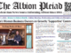 The first half of a front page of a newspaper, with "The Albion Pleiad" written in large, black, gothic letters at the top.