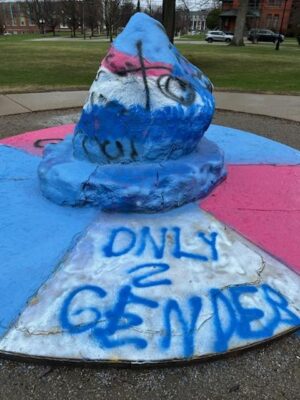A vertical photo of a large painted rock, with a tiered concrete platform and sidewalk surrounding it. The rock and the platform are painted in light pink, white, and blue stripes, and several spray-painted messages in a darker blue and black are painted overtop, reading, “Only 2 genders,” along with a cross.