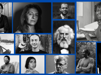 A collage of black and white portraits is displayed against a dark blue background.