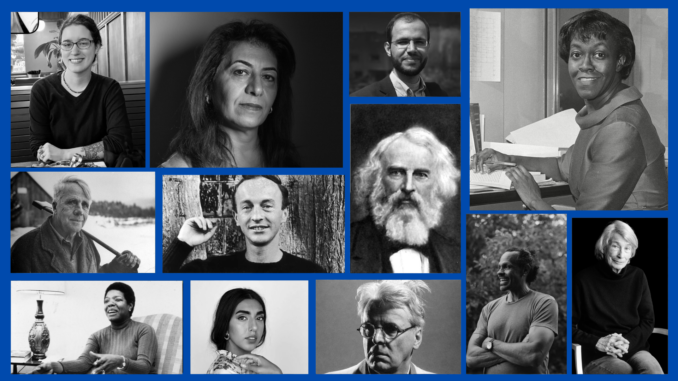 A collage of black and white portraits is displayed against a dark blue background.